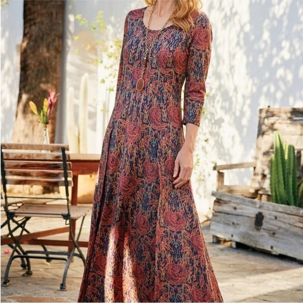 Soft Surroundings Alcott Black Rust Floral Maxi Dress 3/4 Sleeve Size Small - Picture 1 of 12